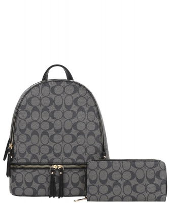 2in1 Oval Zipper Handle Backpack Wallet Set FT-7285W BLACK